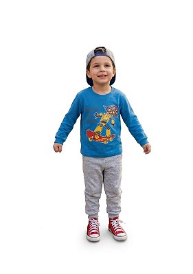 Conjunto Cleomara Moletom Infantil Blusão Azul Skatista e Calça Cinza