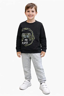 Conjunto Kyly Moletom Infantil Pro Player Preto e Calça Mescla