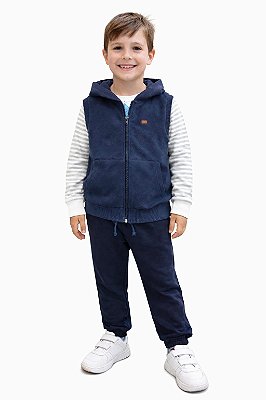 Conjunto Divertto 3 Peças Meia Estação Camiseta Listrada e Colete com Capuz e Calça Moletom