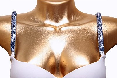 Alça de sutiã cor azul jeans com canutilhos lisos espelhados