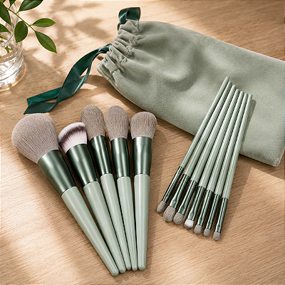 Kit de 13 pincéis para maquiagem + bag de veludo VERDE