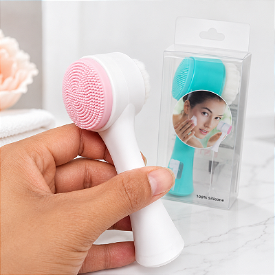 Escova Dupla Face para Limpeza Facial Manual Silicone e Cerdas