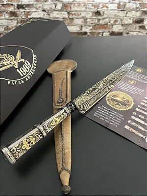 Faca Artesanal Padrão Linear 9 Pol Cabo em Prata e Ouro