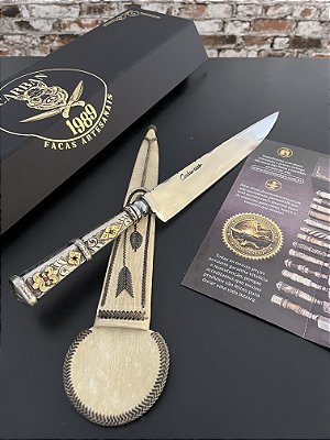 Faca Artesanal 9 Pol. em Aço Carbono de Mola de Trem com Cabo em Prata e Ouro