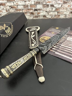 Faca Artesanal Damasco Botão Integral 10” Padrão Arrowhead Cabo em Alpaca Cinzelada