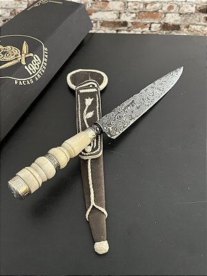 Faca Artesanal Damasco Botão Integral 10” Padrão Raindrop Cabo em Osso Torneado