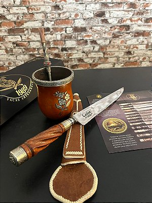 Conjunto Artesanal Faca Forjada 10” + Cuia Bago + Bomba em Alpaca e Cobre