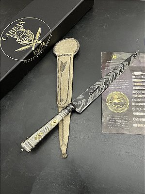 Faca Artesanal Damasco 10” Padrão Arrowhead Cabo em Prata e Ouro