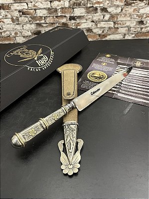 Faca Artesanal Forjada 10” em Aço Carbono 52100 Cabo em Alpaca Cinzelada