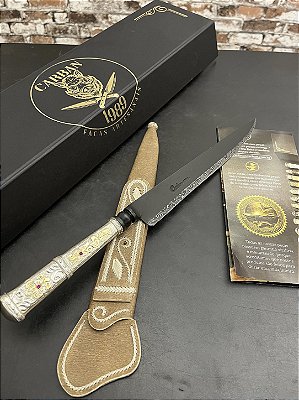 Faca Artesanal Damasco Cerakote® 9” Cabo em Prata e Ouro