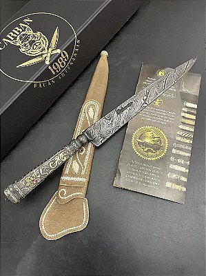 Faca Artesanal Damasco 9” Padrão Torcido Cabo em Alpaca Cinzelada