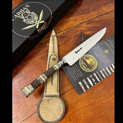Faca Artesanal Forjada 8” em Aço Carbono 52100 Cabo em Imbuia com Prata e Ouro