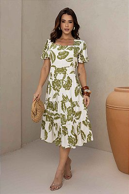 Vestido Oliva Midi Três Marias em Viscolinho