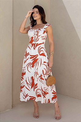 Vestido Veneza Midi com Alças e Decote Franzido