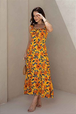 Vestido Versalhes Midi com Alças e Decote Franzido