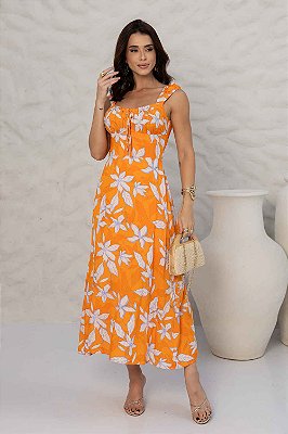 Vestido Solar Midi com Alças e Decote Franzido