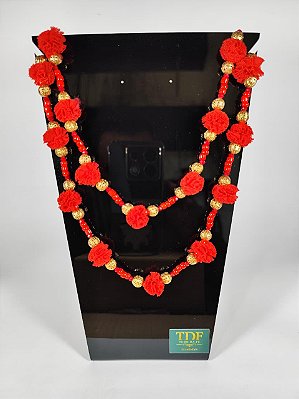 Colar Pompom Vermelho e Esferas Douradas