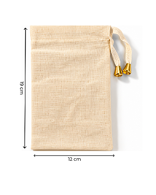 Saquinho de Algodão Cru c/ ponteira dourada 12x19 cm (LxA) pct 5 und