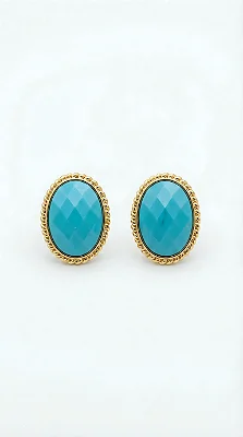 Brinco Oval Cristal Turquesa Detalhes Dourado