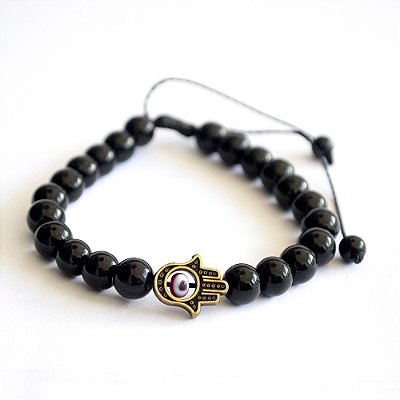 Pulseira Masculina Pedras Onix Hamsa 8mm