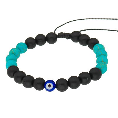 Pulseira Masculina Pedras Turquesa Olho Grego 8mm