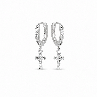Brinco Argola de Prata 925 Cravejado com Cruz - Lux - PAR