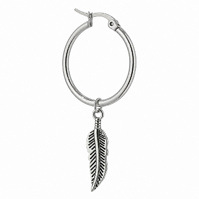 Brinco Masculino Argola Grande Penas Prateado - 1 peça (Não é o par)