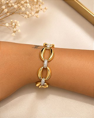Pulseira Elos Ovais Cravejados Banhada a Ouro 18k