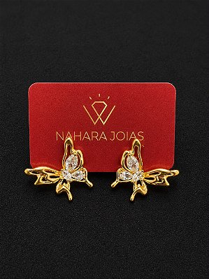 Brinco Borboleta Luxo Cravejado Banhado a Ouro 18k