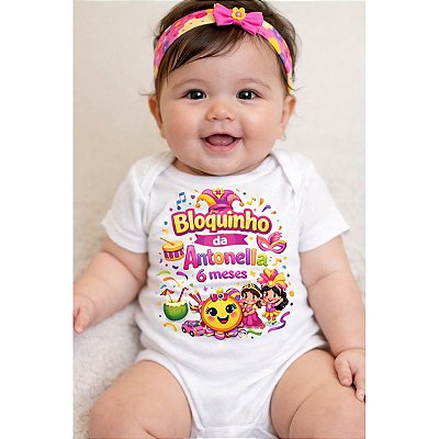Body Mesversário Personalizado Carnaval | Nome do Bebê + Meses | Fantasia Infantil Exclusiva