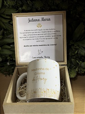 Caixa Convite Madrinha de Crisma com Caneca Personalizada – Presente Religioso