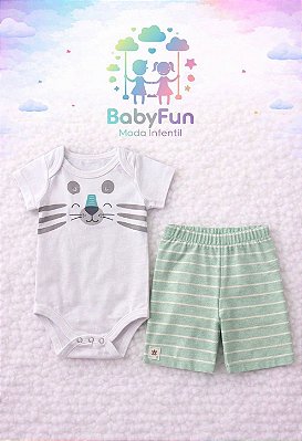Conjunto Body Branco e Bermuda Verde para Bebês Brandili Tam. G