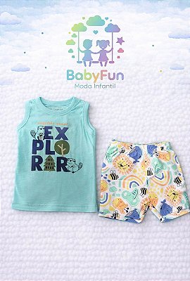 Conjunto Bebê Brandili Camiseta Regata Verde Claro Estampa Explorer e Short Estampado Tamanho G