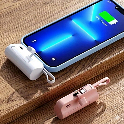 Carregador Mini Power Bank 5000mAh Bateria Auxiliar Sem Fio 2em1 Carregador Portátil para iPhone e Tipo-C