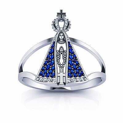 Anel Nossa Senhora Aparecida Prata 925 com Zircônias Azuis Feminino