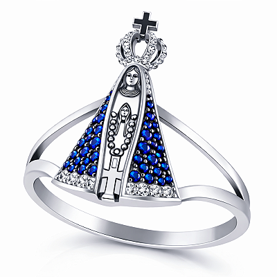 Anel Nossa Senhora Aparecida Prata 925 com Zircônias Azuis Feminino