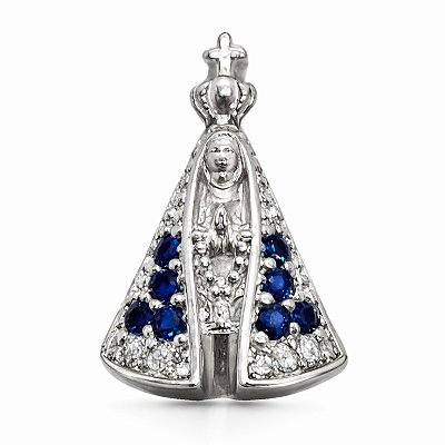 Pingente Nossa Senhora Aparecida Prata 925 com Zircônias Azuis e Brancas