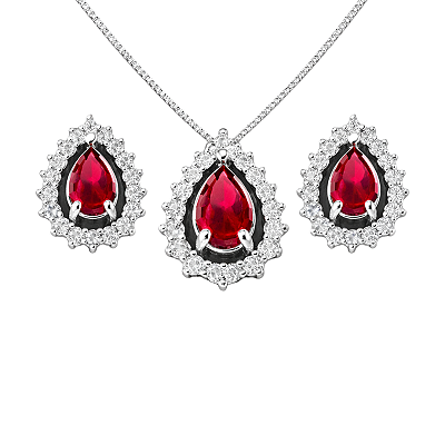 Conjunto Gota Prata 925 com Zircônia Vermelha e Brancas