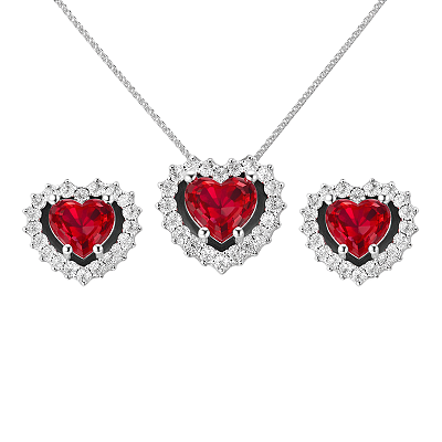 Conjunto Coração Prata 925 com Zircônia Vermelha e Brancas