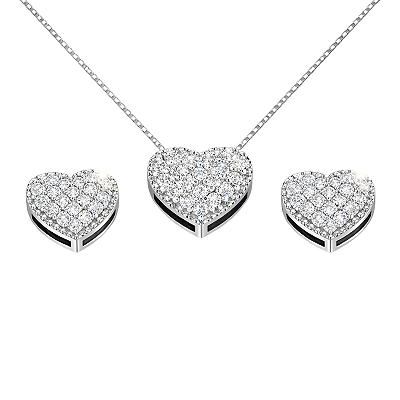 Conjunto Coração Prata 925 com Zircônias Brancas Cravejadas
