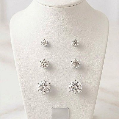 Kit de brincos trio com banho de prata e zircônia transparente