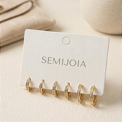 Kit trio de argolas articuladas com banho de ouro 18k e zircônias