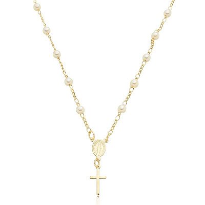Pulseira com Perólas e Cruz Banhada Ouro 18k e Prata