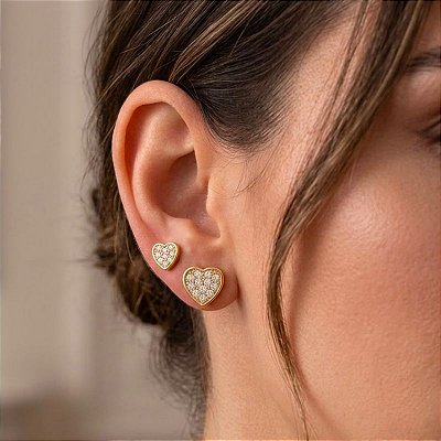Brinco Coração Cravejado Zirconia Banho Ouro 18k