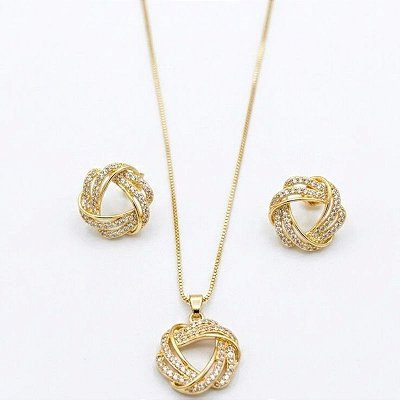 Conjunto Entrelaçao Zirconia Banho Ouro 18k e Prata