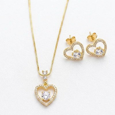 Conjunto Cravejado Microzircônia Coração Vazado Ouro 18k