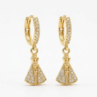 Brinco Argola Cravejada Religiosa Banho Ouro 18k