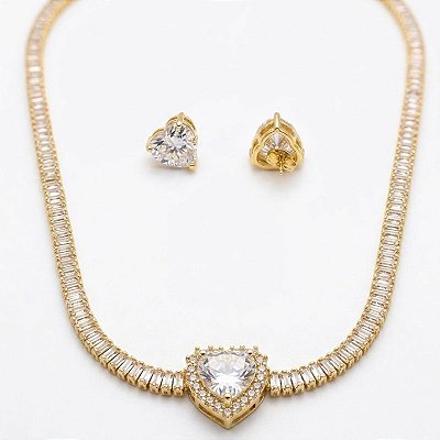 Conjunto Riviera Coração Colar e Brinco Ouro 18k