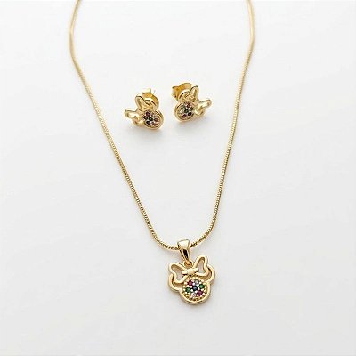 Conjunto Infantil Colar e Brinco Minnie Zircônias Coloridas Ouro 18k