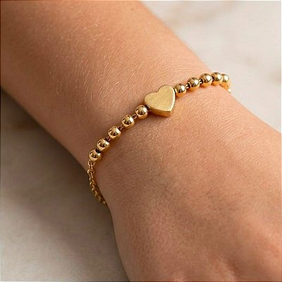 Pulseira Infantil Coração e Bolinha Ouro 18k